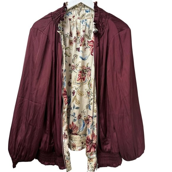 CHICO'S Floral Bomber Jacket XL (Chicos 3) Cream Red Reversible Zip Front Satin - Picture 9 of 15